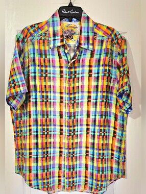 Robert Graham Vibrant Multicolor Plaid Linen Short-Sleeve Button-Down